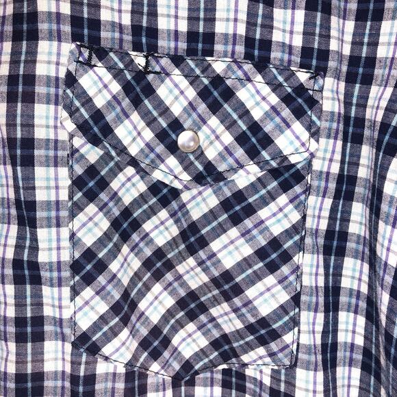 Wrangler Pearl Snap Button Down Blue Plaid Wrancher Short Sleeve Vintage Shirt - Picture 4 of 4